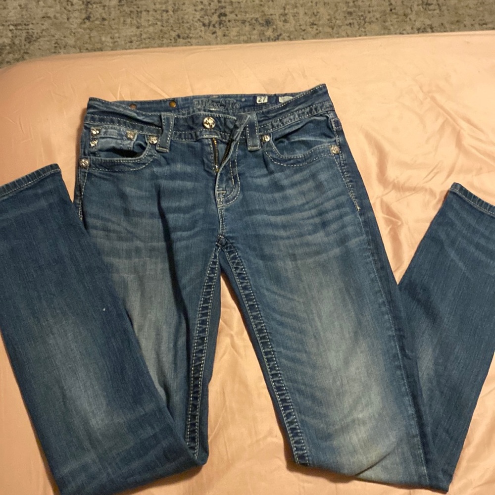 Distress, blue jeans, size 27, relaxed skinny